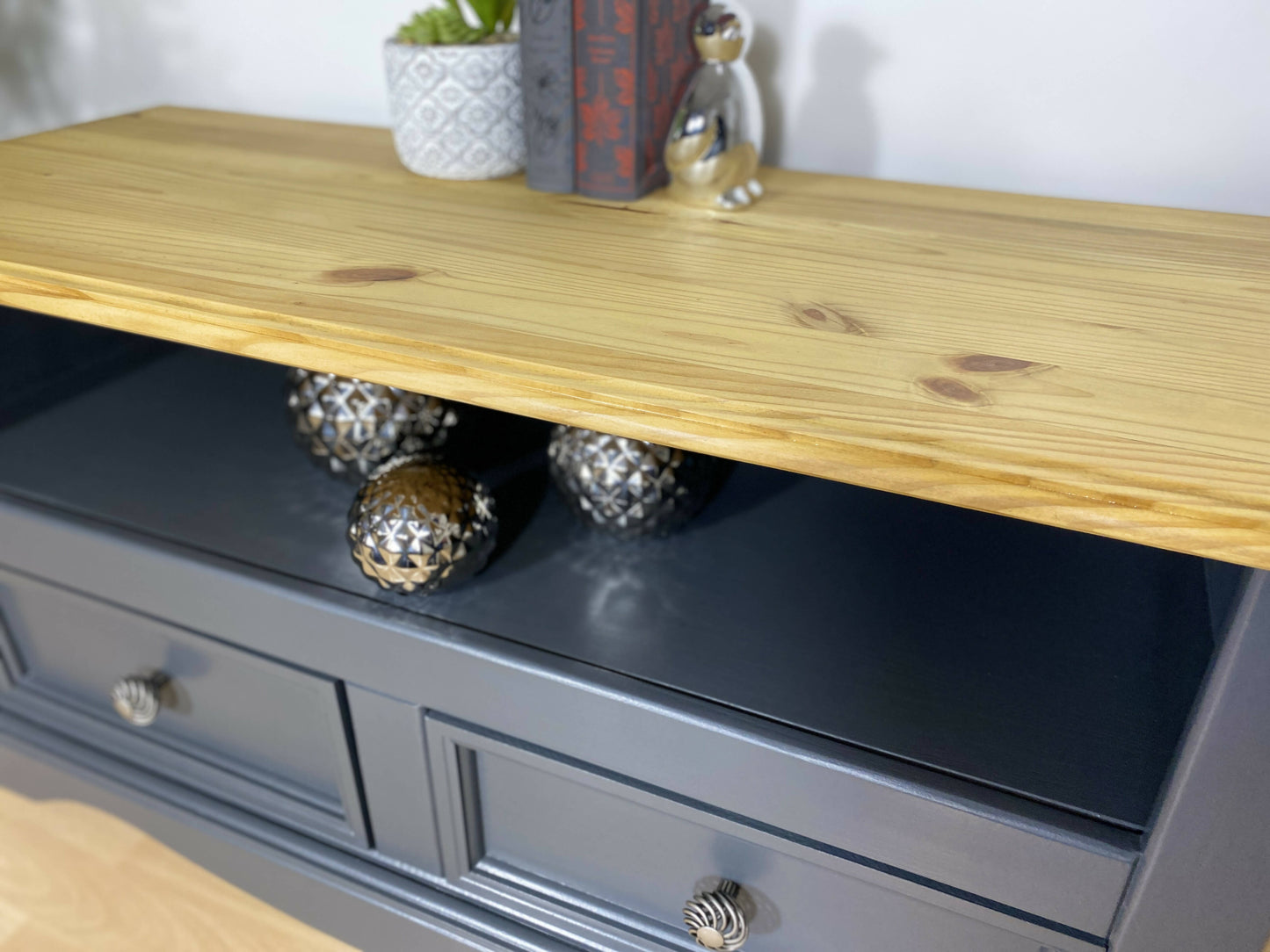 Vintage Grey Wooden TV Cabinet Drawers