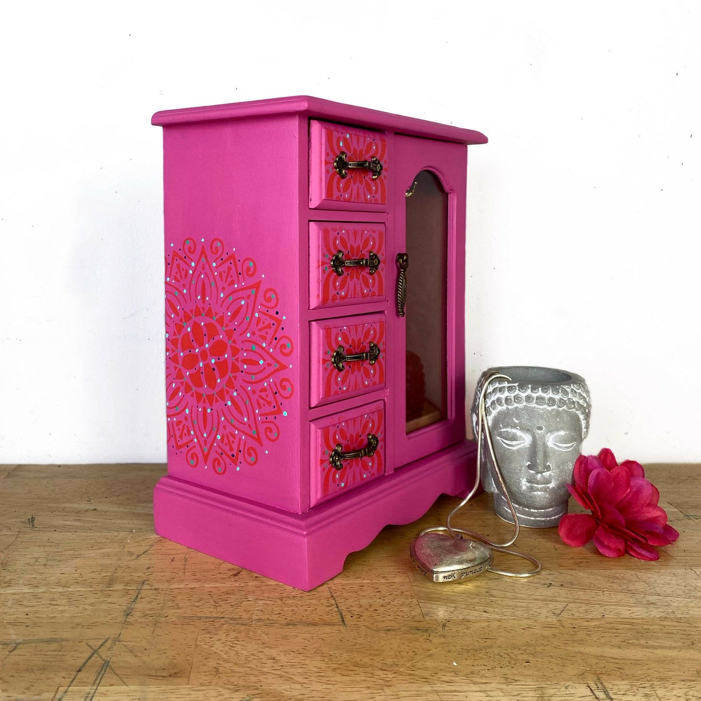 Boho pink mandala jewellery box, unique jewellery armoire