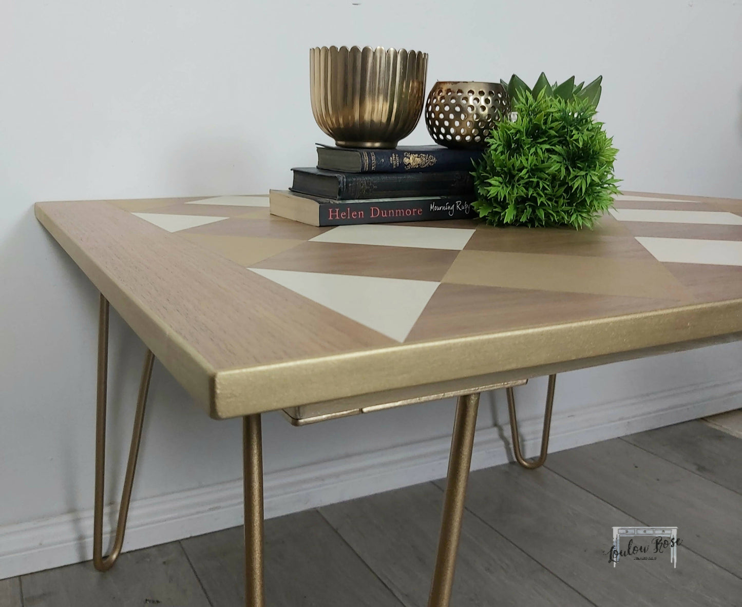 Coffee Table, Side Table in Cream and Gold with Hairpin Legs