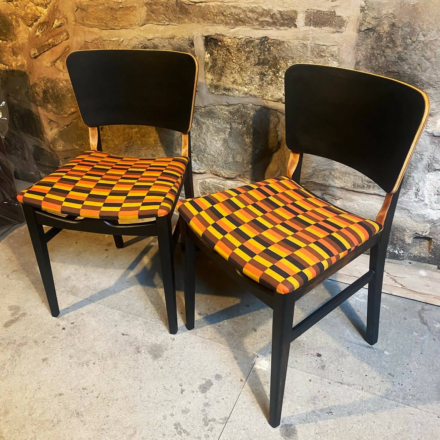 Vintage Beautility Dining Chairs Upholstered In London Transport Fabric