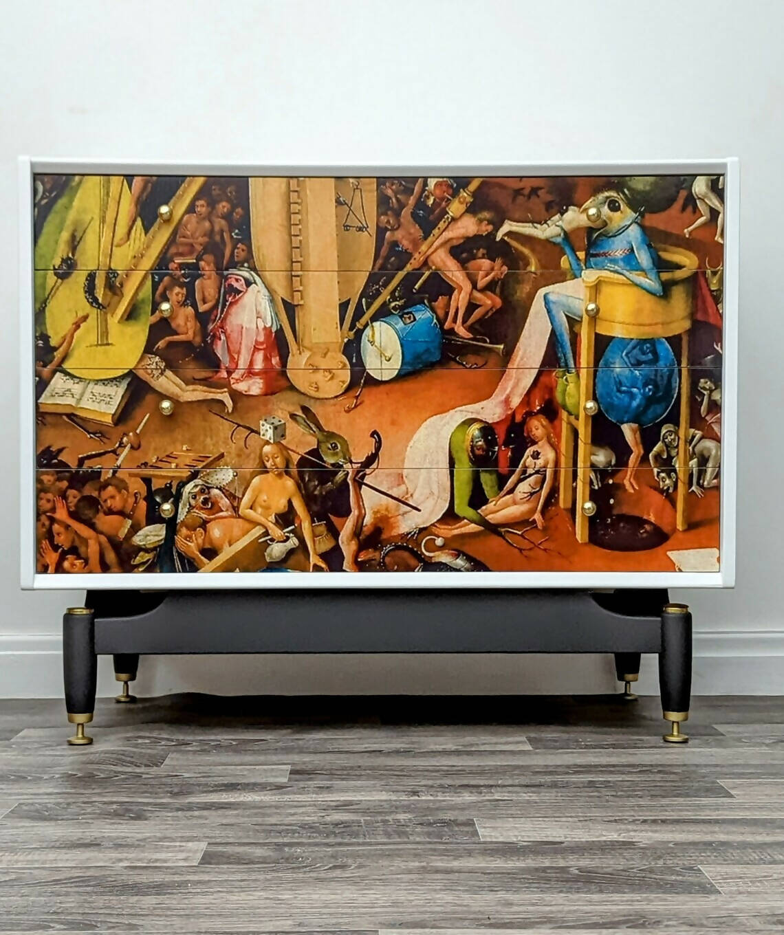 Vintage Gplan Upcycled Chest of Drawers. Classic Art, Hieronymus Bosch. White Mid Century