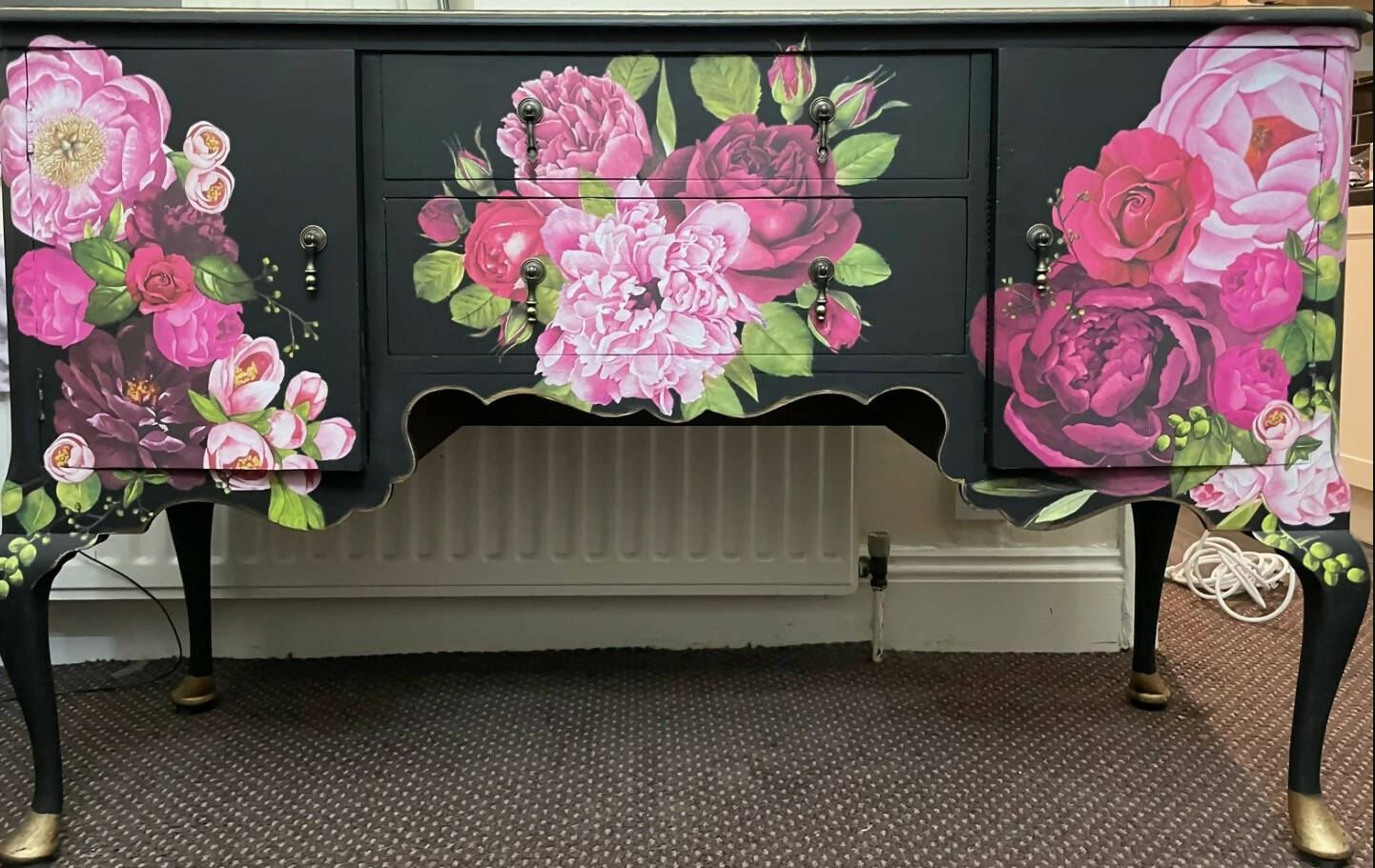 SOLD SOLD Black and Pink Floral Dressing Table / Sideboard