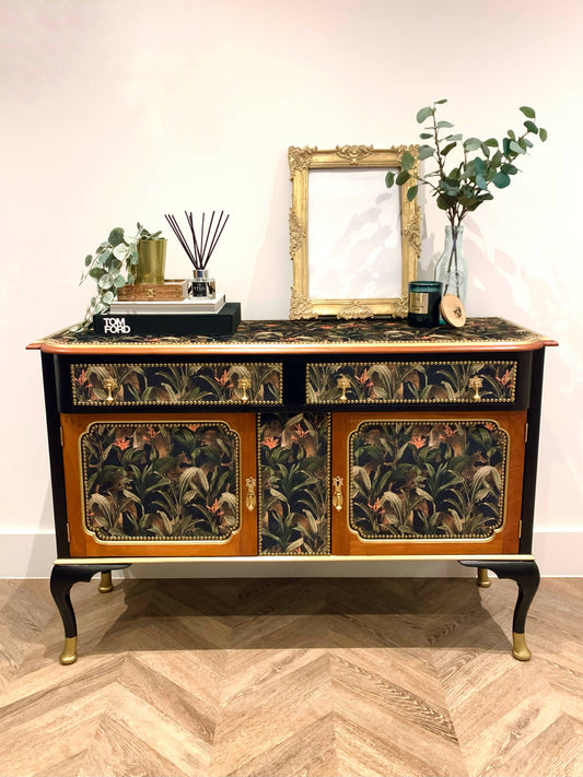 ON SALE! Beautiful Antique Sideboard in Jungle Animal Print, Black Gold & Wood with Cabriole Legs. Professionally Upcycled