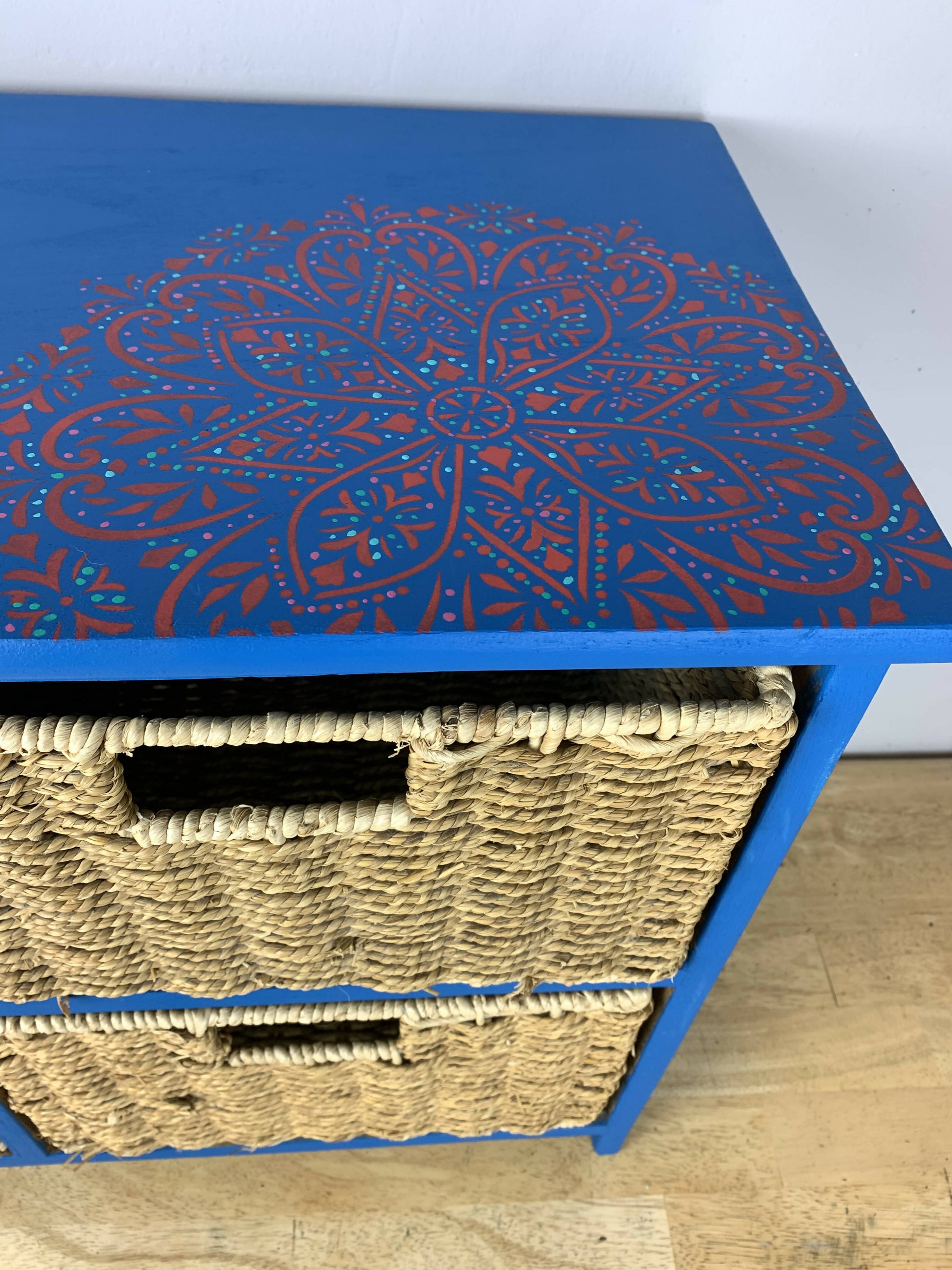 Drawer Stand with Shelves and Wicker Storage Baskets - Sea Blue