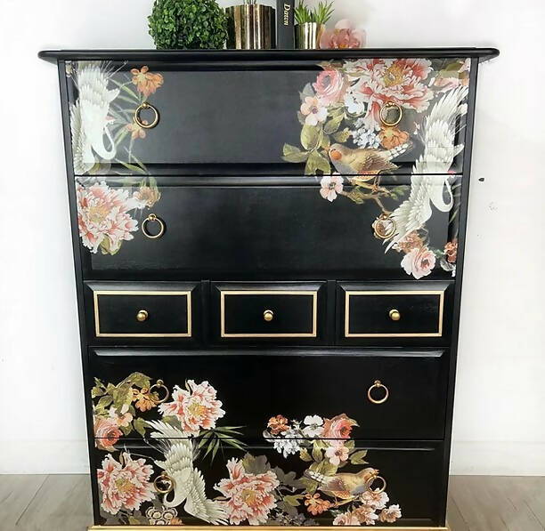 Stag Tallboy Chest of Drawers in Black and Gold Chinoiserie