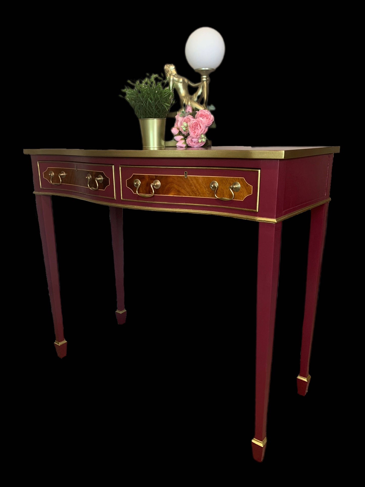 Hand painted Writing desk, Hall table, Console table with 2 curved drawers in Burgundy & Gold colour