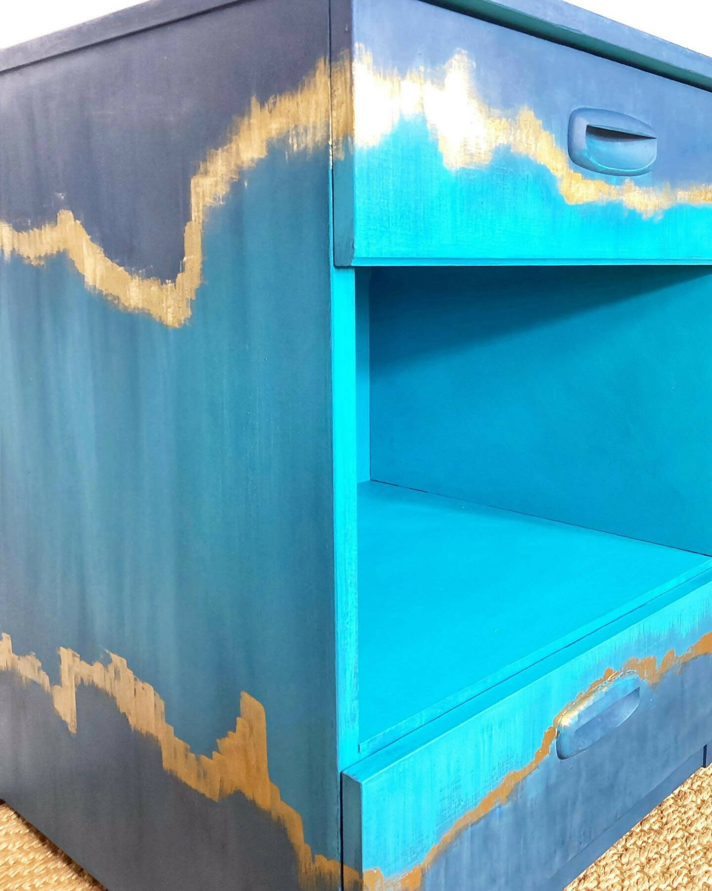 Hand Painted Vintage Schreiber Bedside Cabinet Teal Blue and Gold