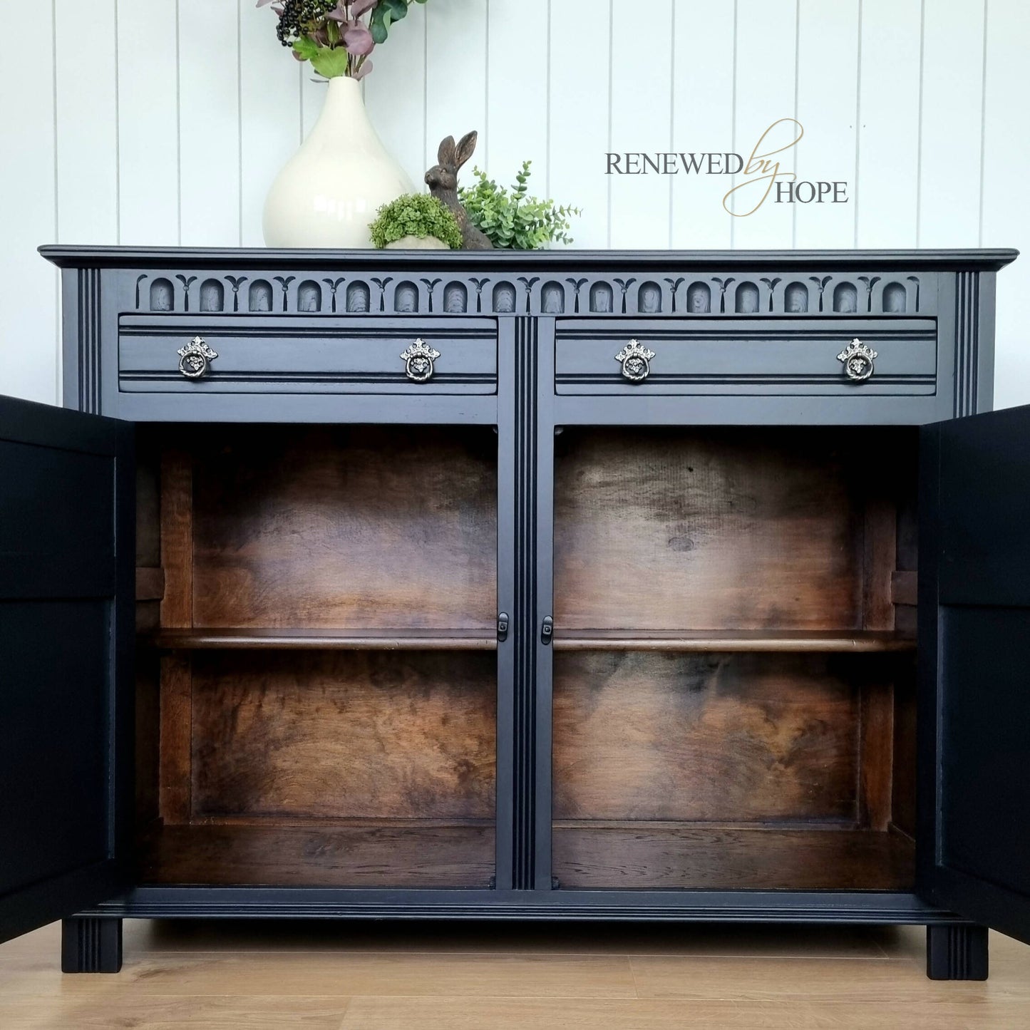 MADE TO ORDER - Black Old Charm style sideboard with raised pattern detail.