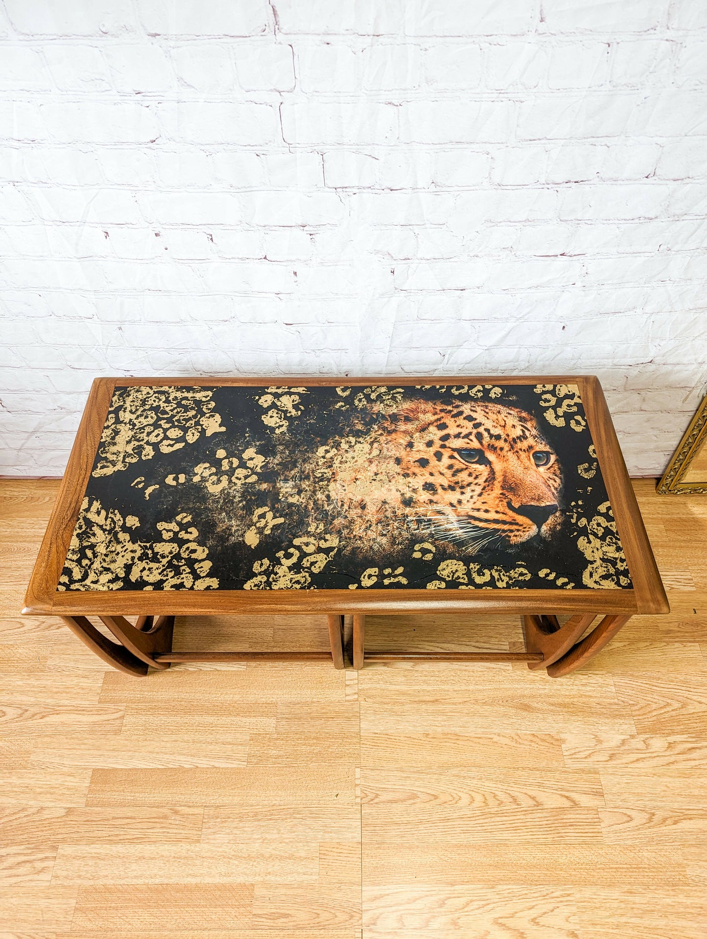 G Plan Astro Long John Teak Nest Of Tables, Leopard Decoupage, Wild Cat, Gold Leaf - MADE TO ORDER