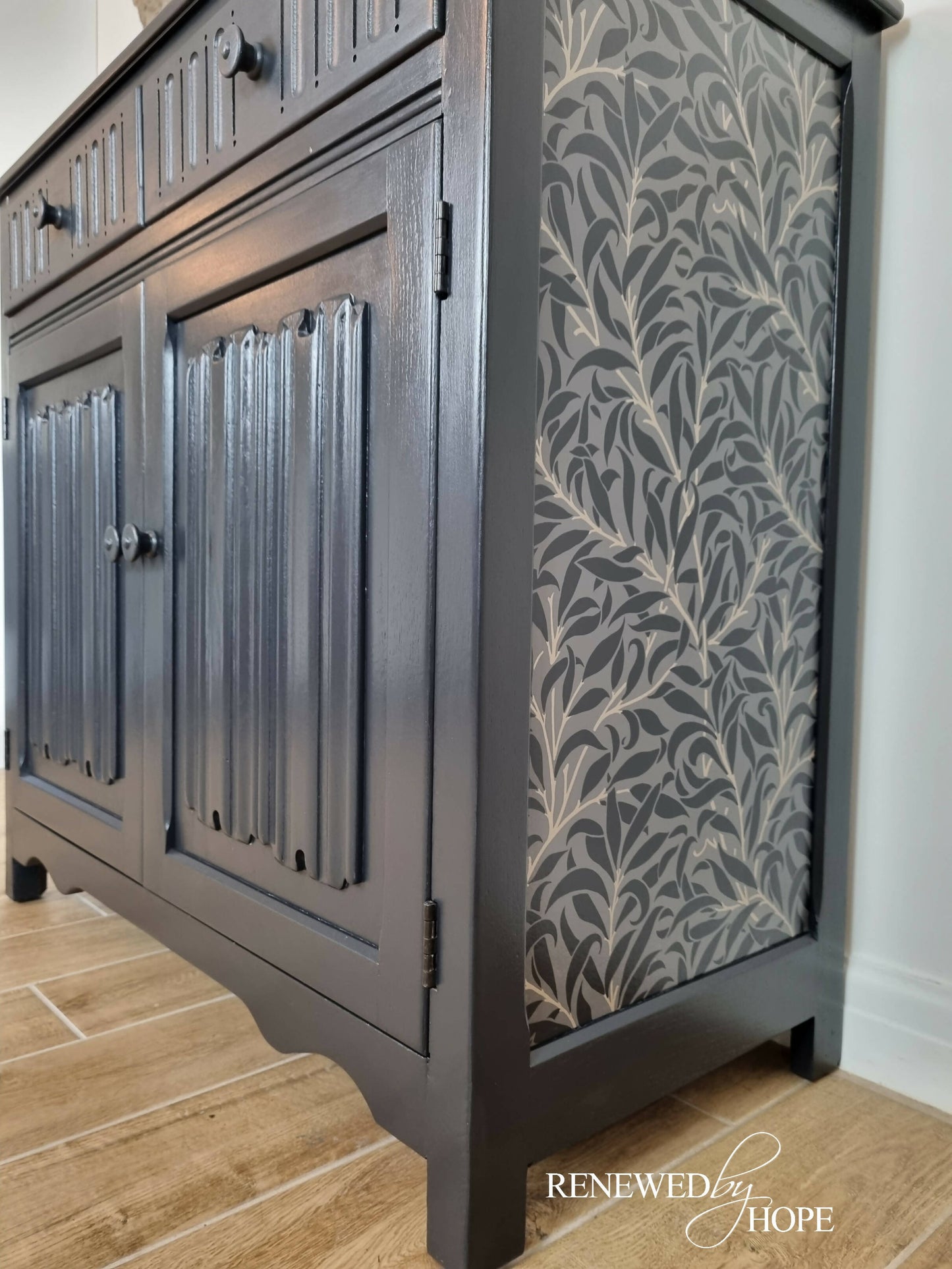 MADE TO ORDER - Oak Sideboard, Linenfold Paneling, off Black Sideboard, William Morris Wallpaper, Wallpapered Furniture,