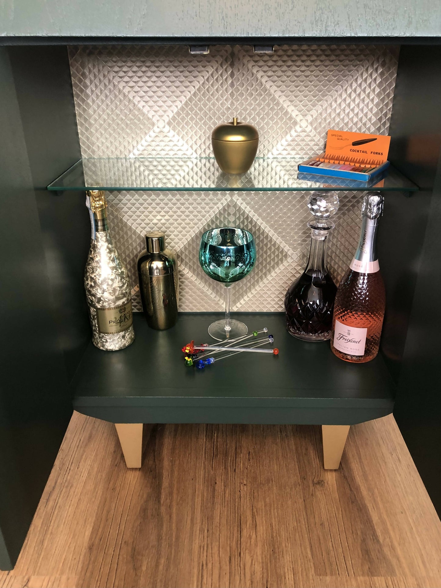 Mid Century Cocktail Cabinet, Drinks Cabinet, Home Bar in British Racing Green and Gold colour