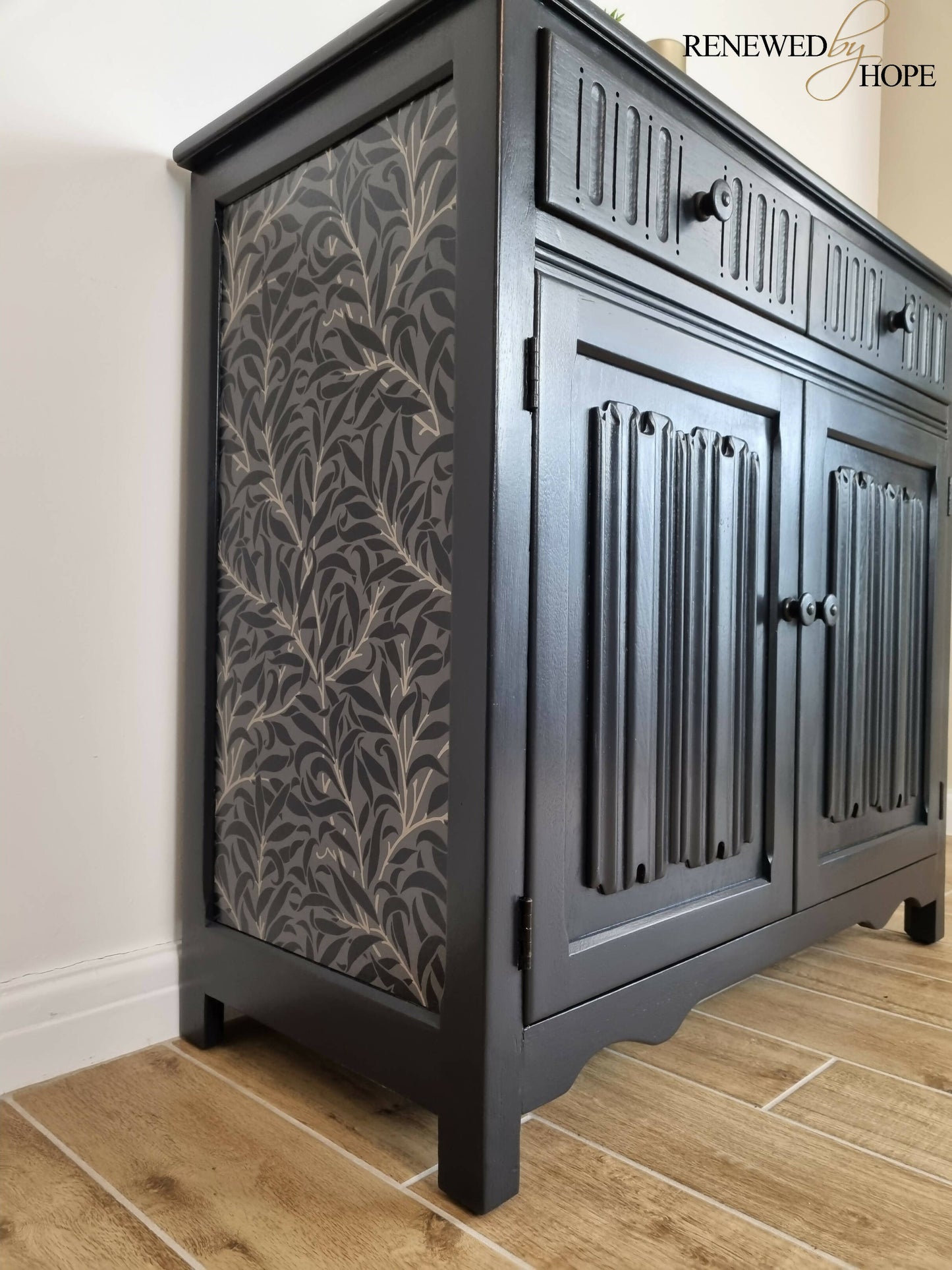 MADE TO ORDER - Oak Sideboard, Linenfold Paneling, off Black Sideboard, William Morris Wallpaper, Wallpapered Furniture,