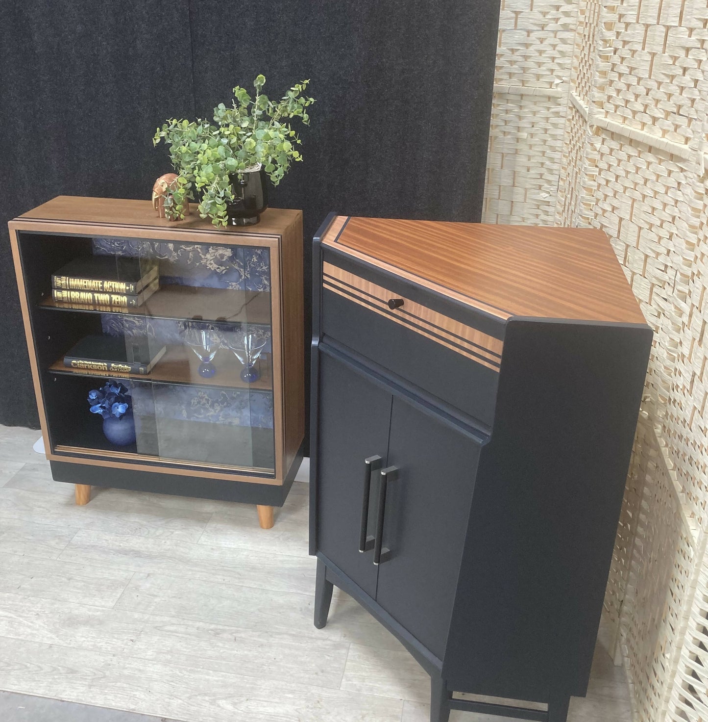 Retro Nathan Corner Bureau, Mid Century Modern, Hand Painted in Dark Blue - Nathan