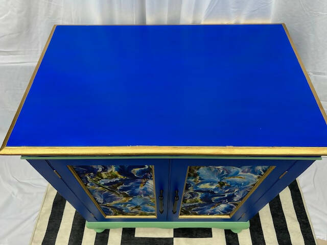 The Iris Blue Cabinet, Cobalt Blue, Soft Green with Gold accents.