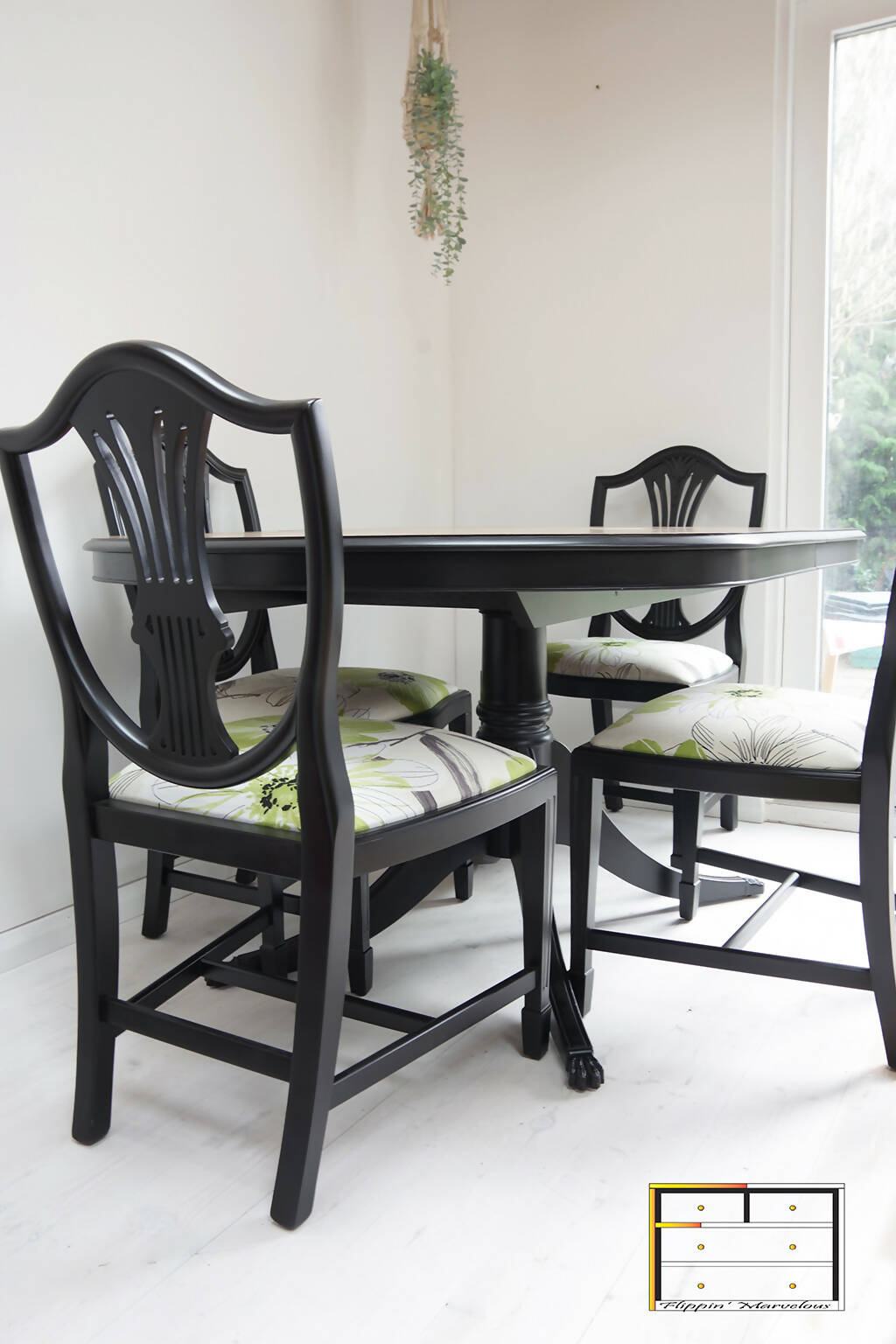 Vintage Bradley Dining Table and 4 Chairs, Black Yew Table and Four Wheatear Style Chairs. Extending Dining Set Bill Beaumont Floral Seats