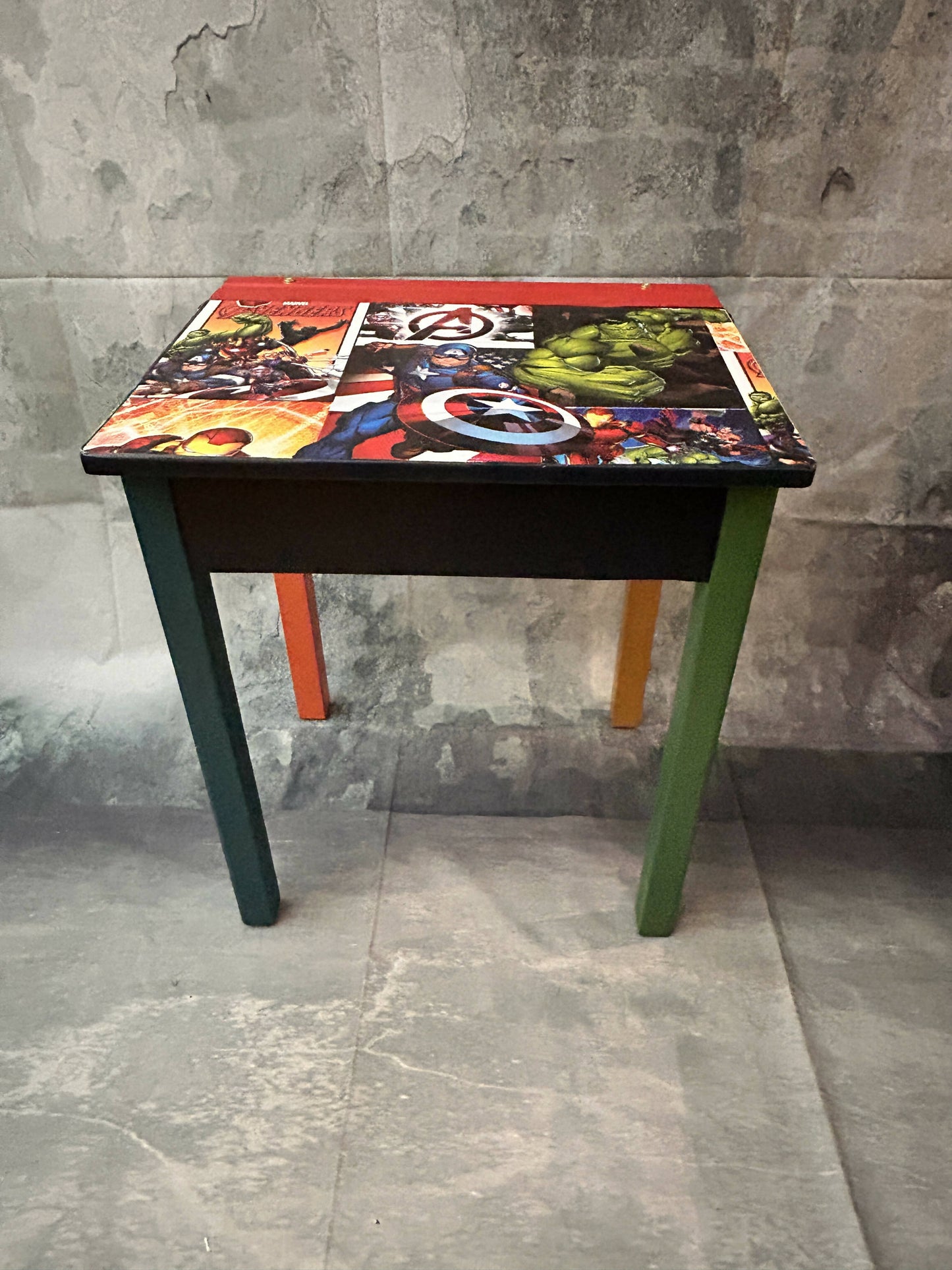 Old style School Desk up cycled with Funky Marvel Design