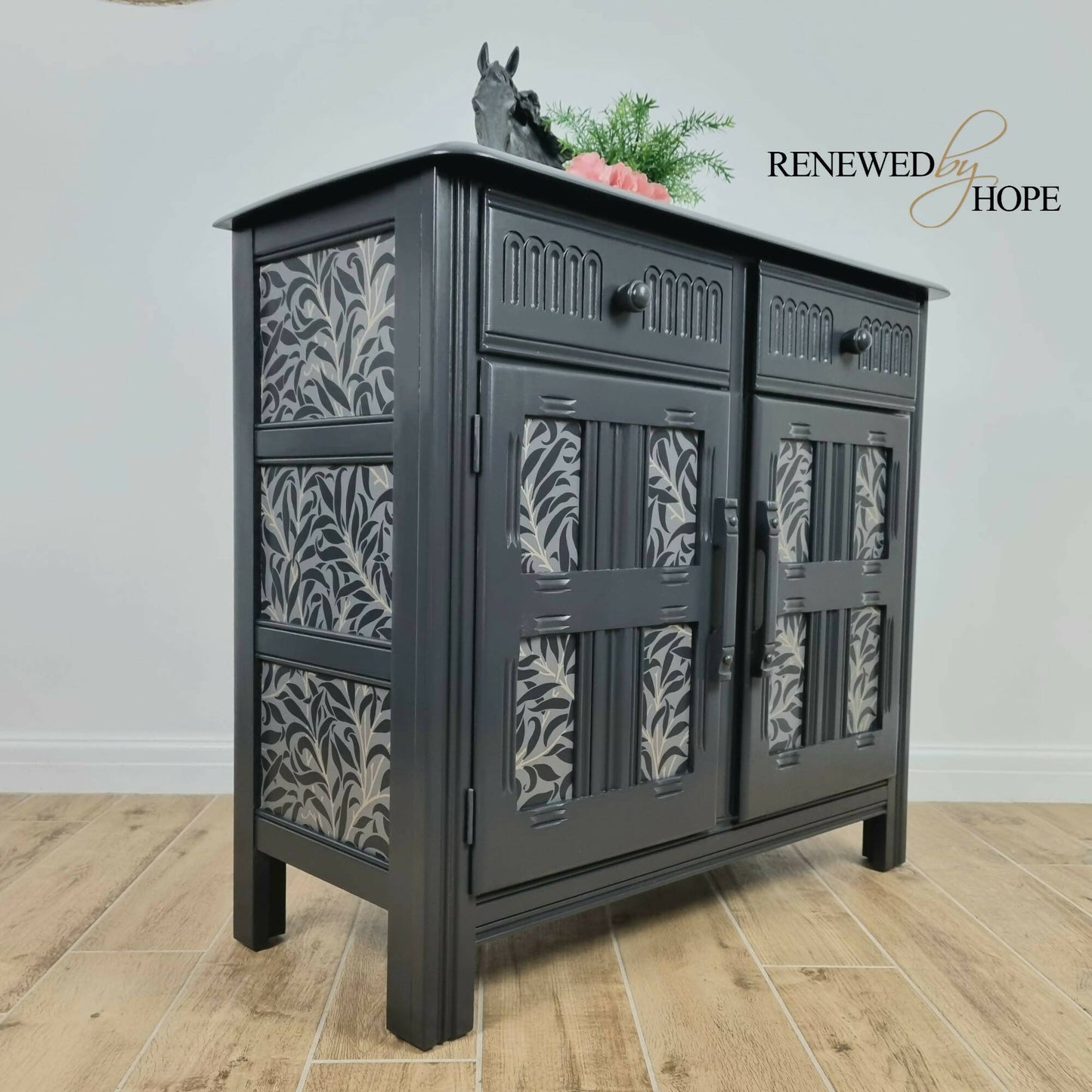 Off Black Sideboard, Decoupaged with Morris paper, Priory Sideboard, Storage MADE TO ORDER