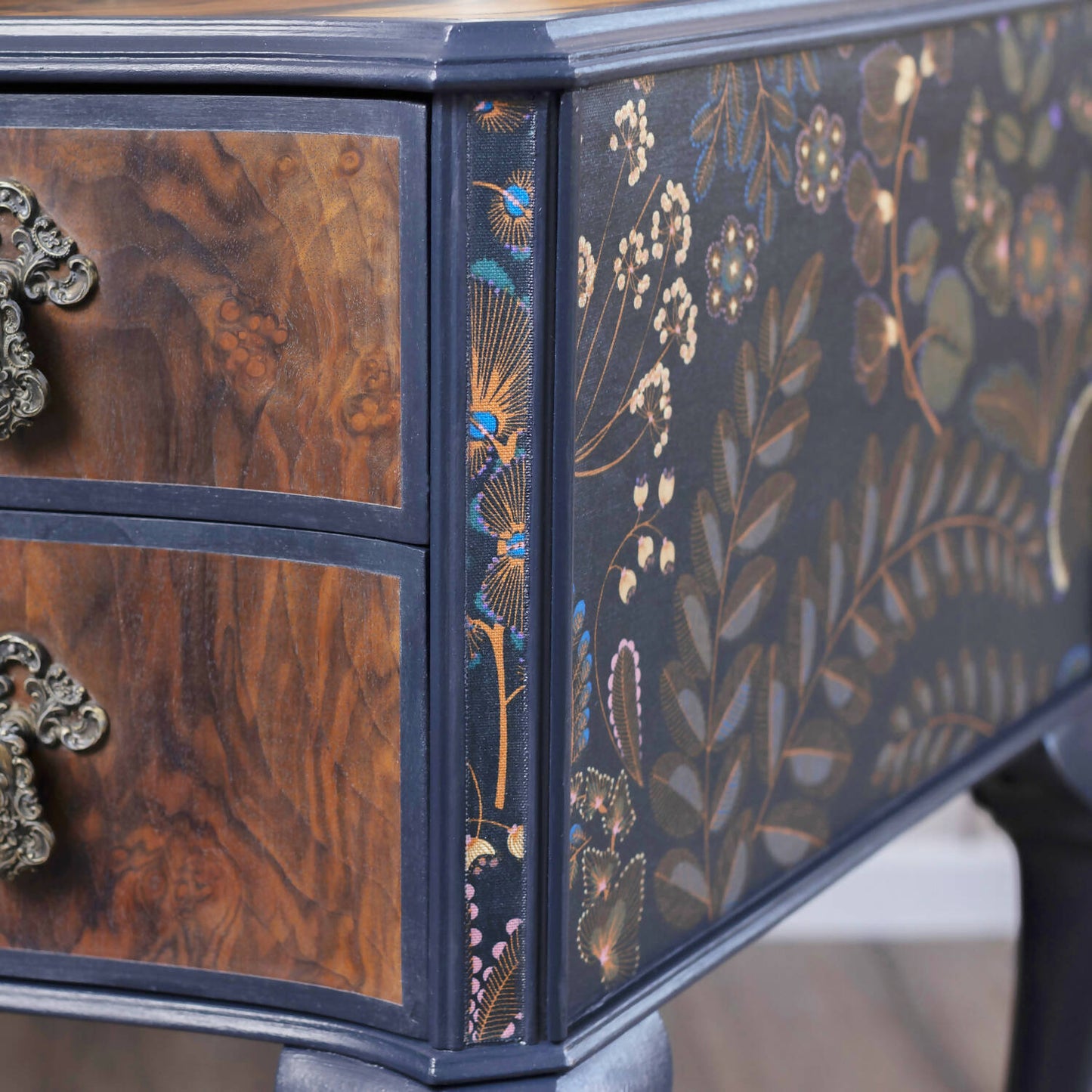 One of a kind blue vintage Queen Anne stye dressing table decoupaged in a stunning Verbena Kew Gardens fabric. Sold, commission available.