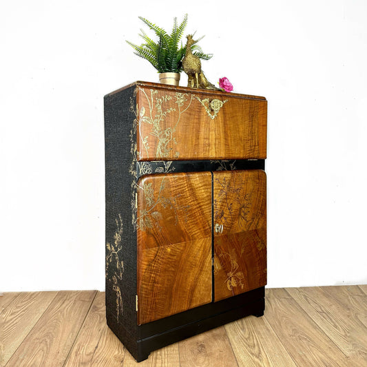 Petit Refurbished art deco cocktail cabinet, vintage black and gold drinks cabinet, birds, sideboard, dresser, gin bar, hand painted,