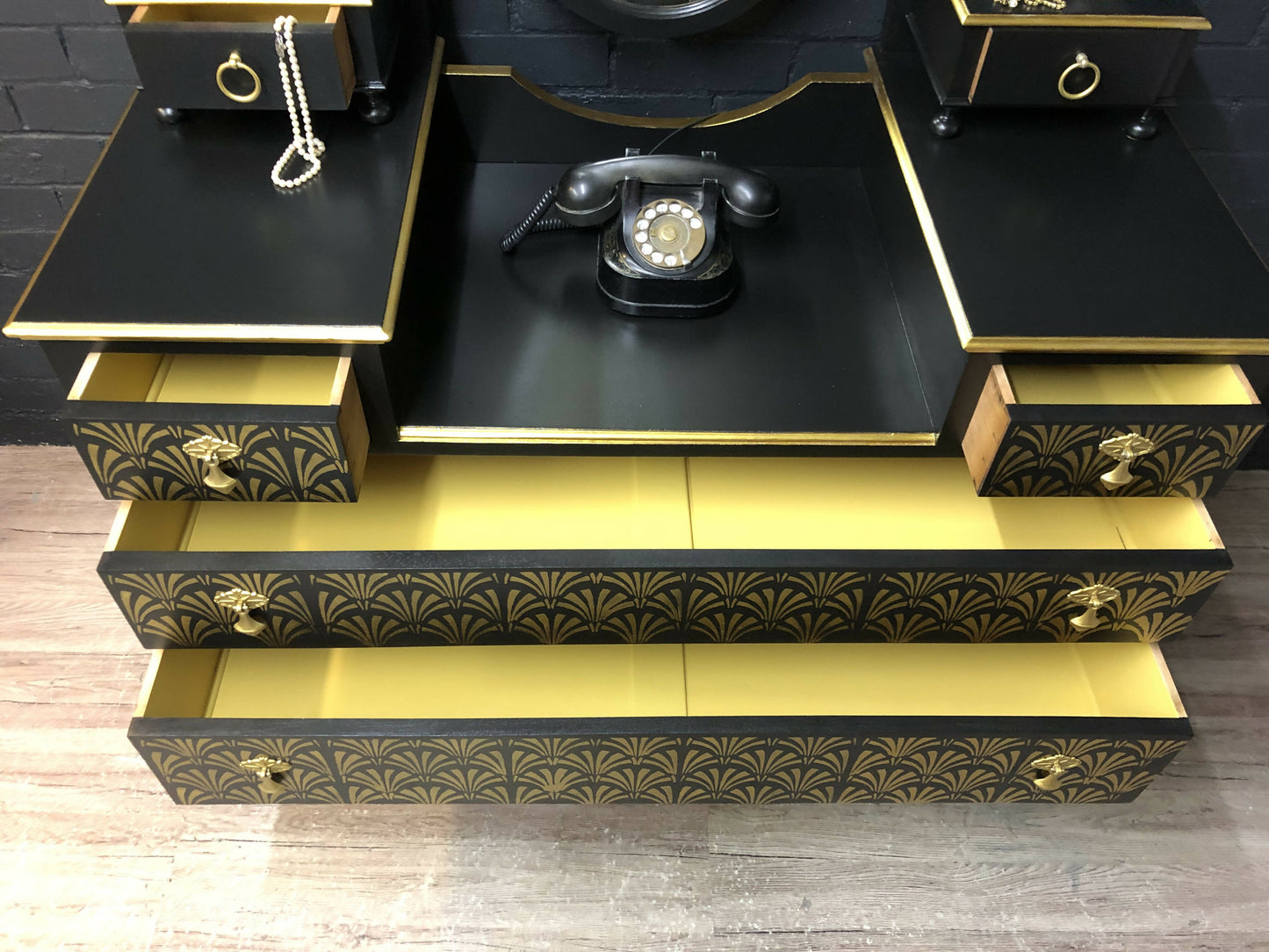 MADE TO ORDER: Original Vintage Painted Dressing Table, Art Deco Inspired Refinished Dressing Table in Black and Gold Leaf & stencilling, Hallway Table