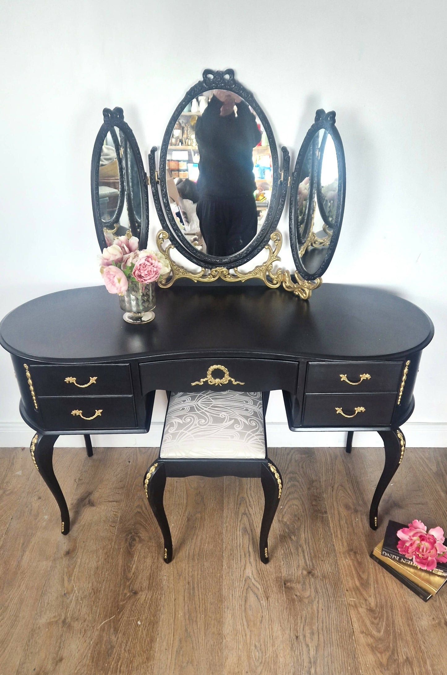 Vintage Black Carved French Dressing Table & Stool