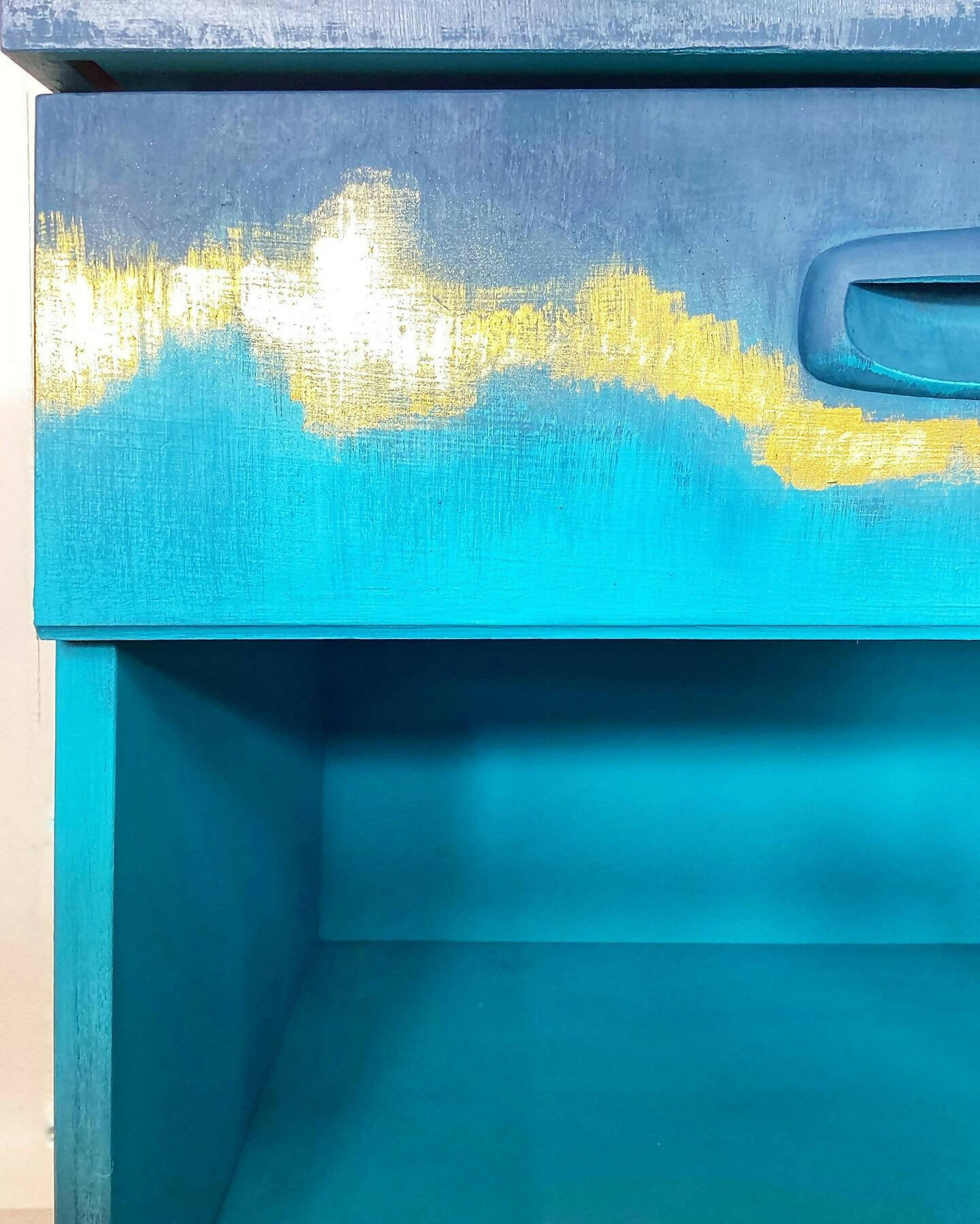 Hand Painted Vintage Schreiber Bedside Cabinet Teal Blue and Gold