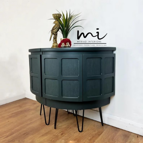 Refurbished mid century modern Nathan sideboard, retro drinks cabinet, TV media cabinet, dark green, decoupaged