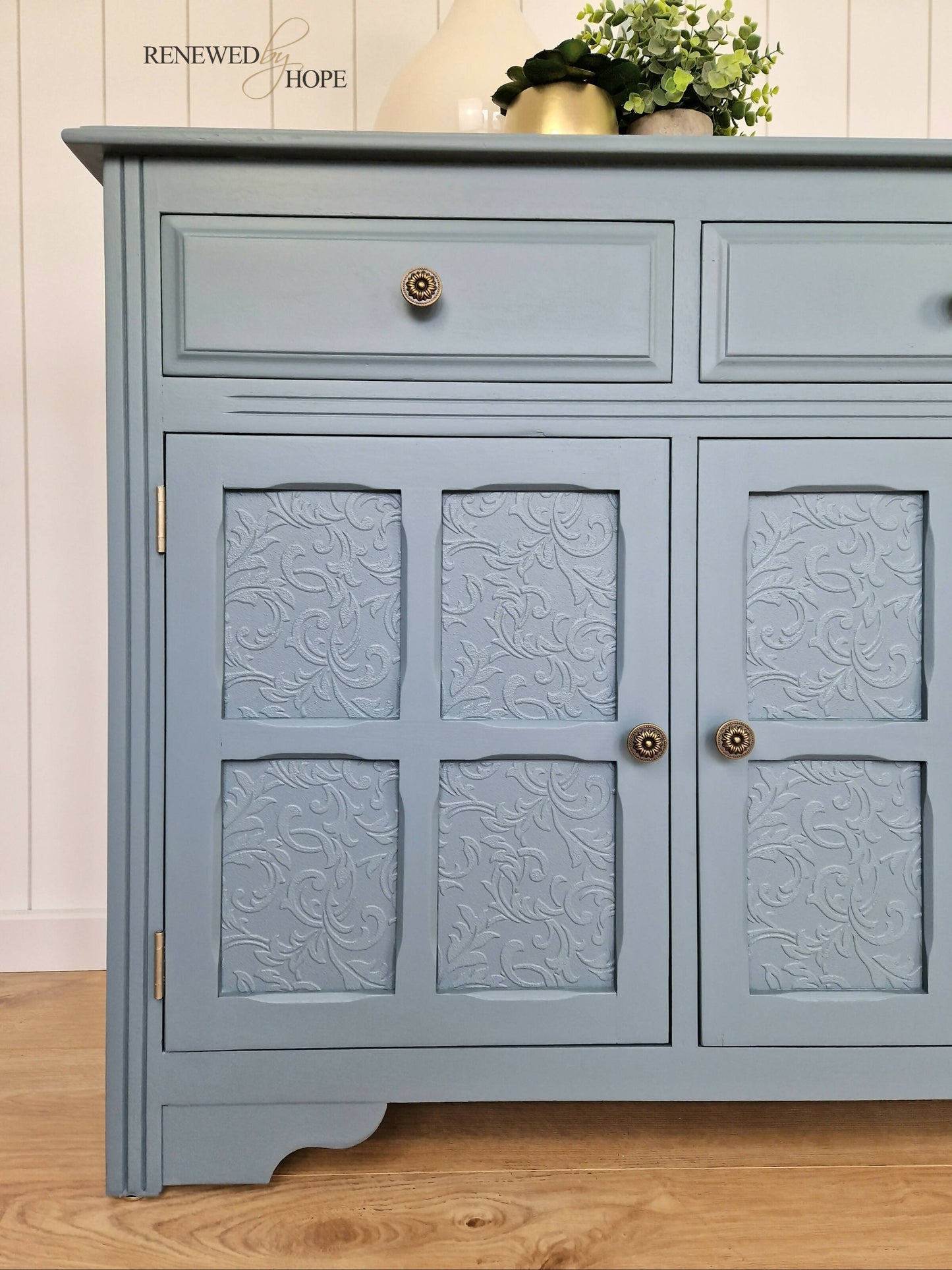 Dusky Blue Antique Panelled Oak Sideboard, with raised pattern detail.