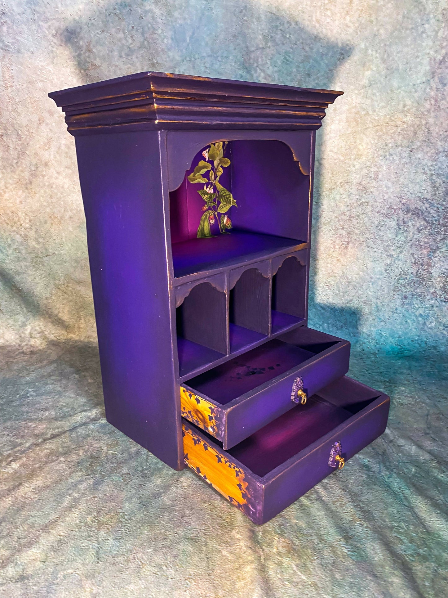 Apothecary cabinet wall mounted display shelf and drawers in purple & pink