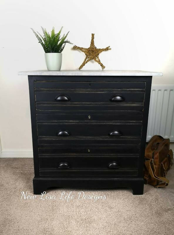 Black With Hand Painted "Marble" Effect Top. 3 Drawer Edwardian Chest. Cup Handles.