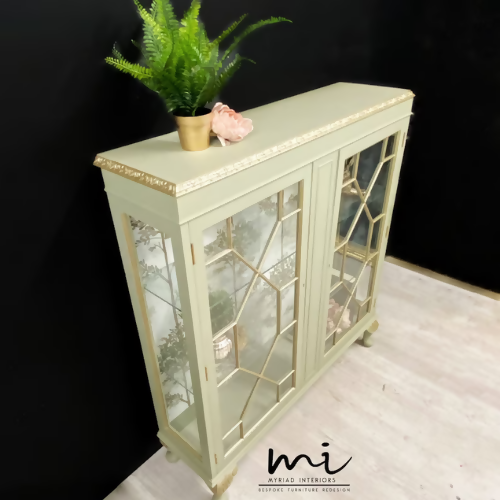 Vintage display cabinet, glass, pale sage green and gold. Drinks cocktail cabinet, sideboard, cupboard - commissions available