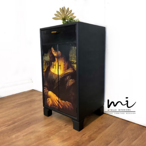 Upcycled drinks cabinet, cocktail, hand painted, Mona Lisa, decoupage, gin bar, black - commissions available