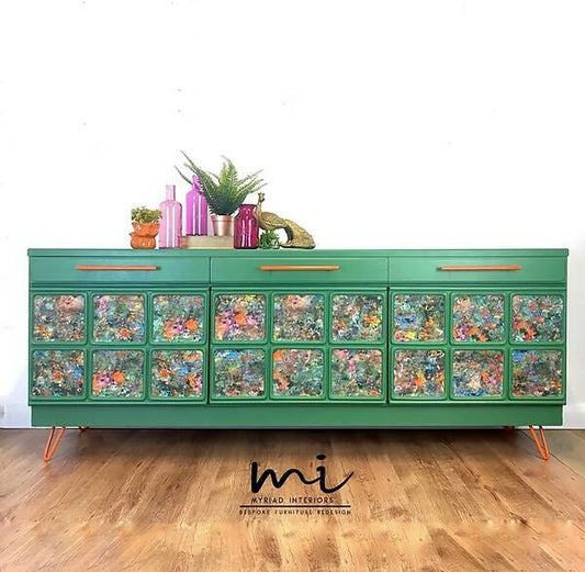 SOLD commissions available Maximalist Mcintosh Sideboard, drinks cabinet, mid century, retro, Green, TV media unit, console cocktail