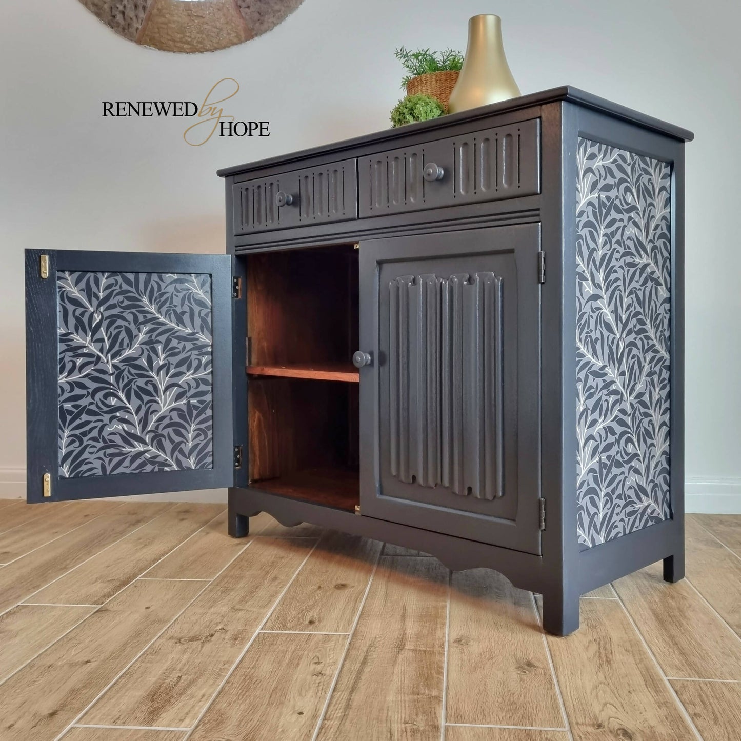 MADE TO ORDER - Oak Sideboard, Linenfold Paneling, off Black Sideboard, William Morris Wallpaper, Wallpapered Furniture,