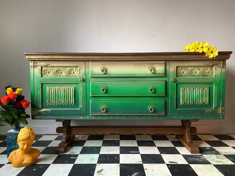 Green Ombre Sideboard - Gold Accents- TV unit- Unique Painted Furniture