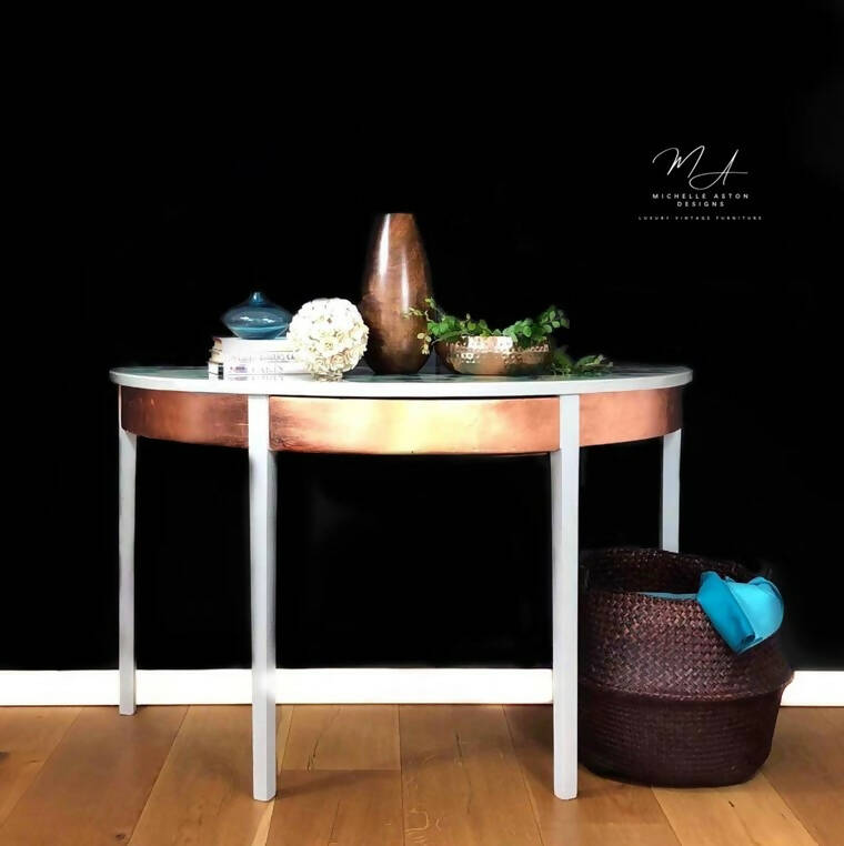 Ink and Resin console,Demi Lune pier table,Dressing table with Copper drawer