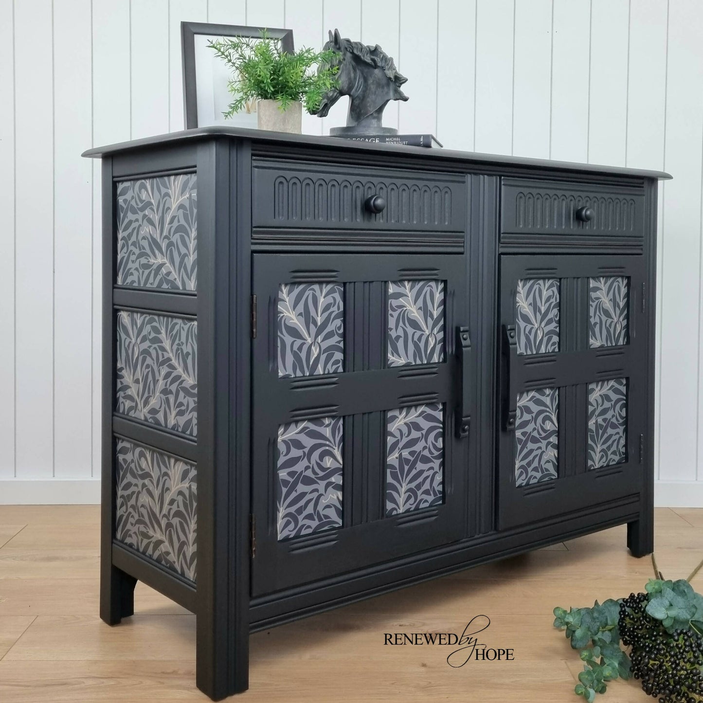 SOLD - Black Vintage Priory Sideboard / Cupboard / Storage with William Morris Willow Bough detail, Hallway, Dining Room, Upcycled