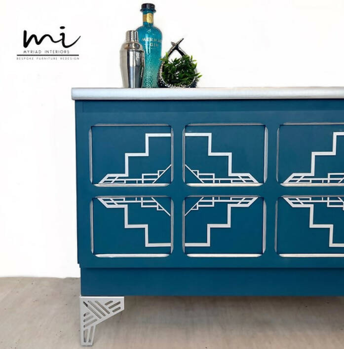 Refurbished Nathan sideboard, teal blue silver retro tv media unit, cocktail drinks cabinet