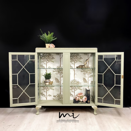 Vintage display cabinet, glass, pale sage green and gold. Drinks cocktail cabinet, sideboard, cupboard - commissions available