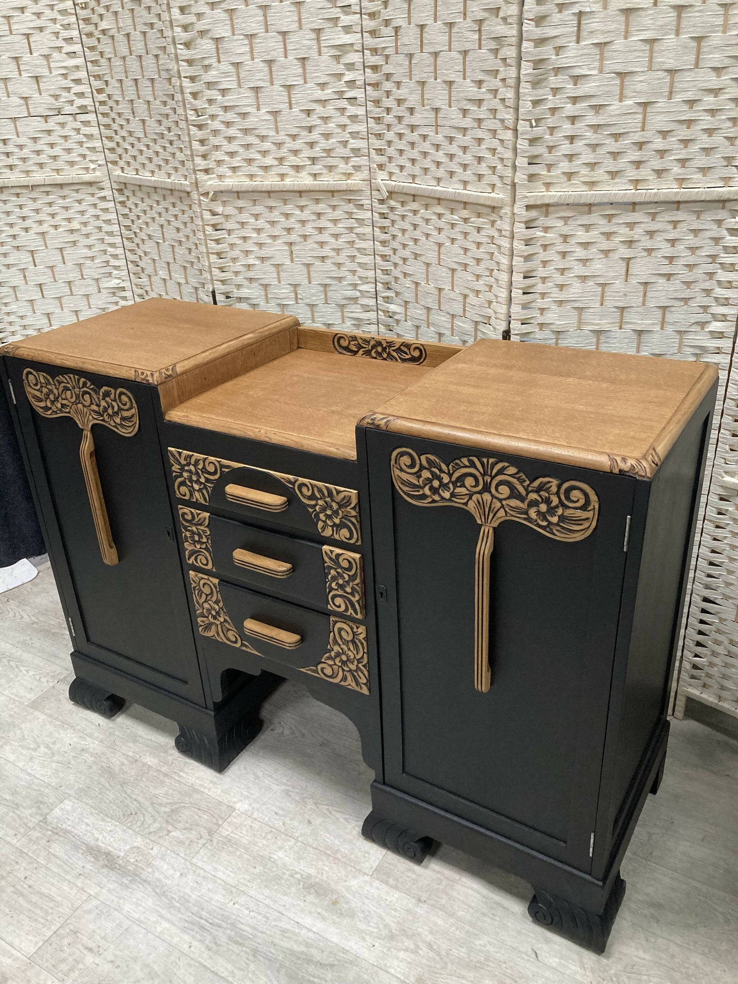 Art Deco Carved Sideboard/Buffet in Oak and Black