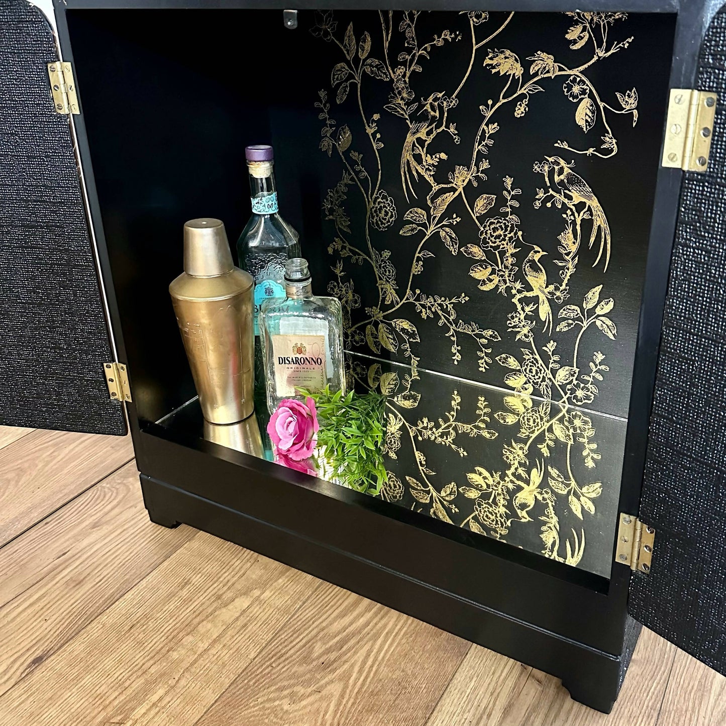 Petit Refurbished art deco cocktail cabinet, vintage black and gold drinks cabinet, birds, sideboard, dresser, gin bar, hand painted,