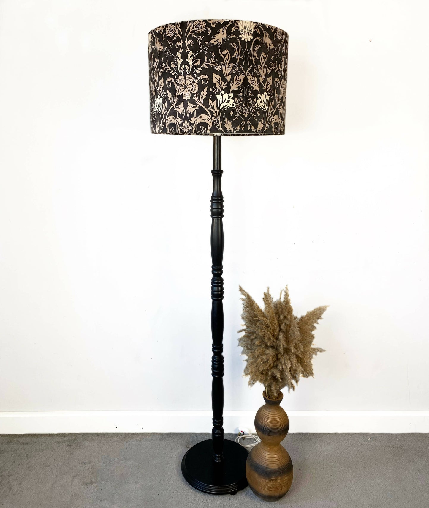 Vintage standard lamp with velvet lampshade , black standard lamp, black floor lamp