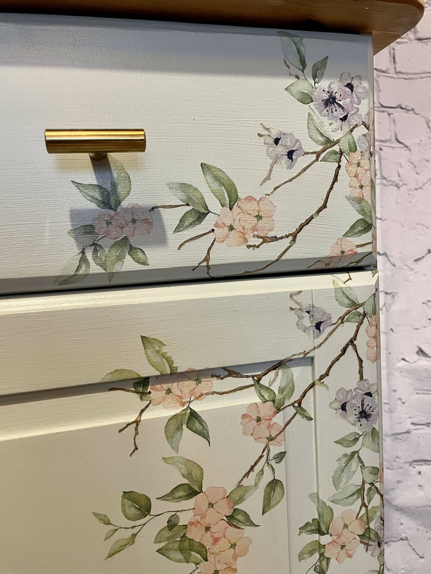 Hand painted chalk grey/green sideboard with beautiful cherry blossom decoupaged flowers