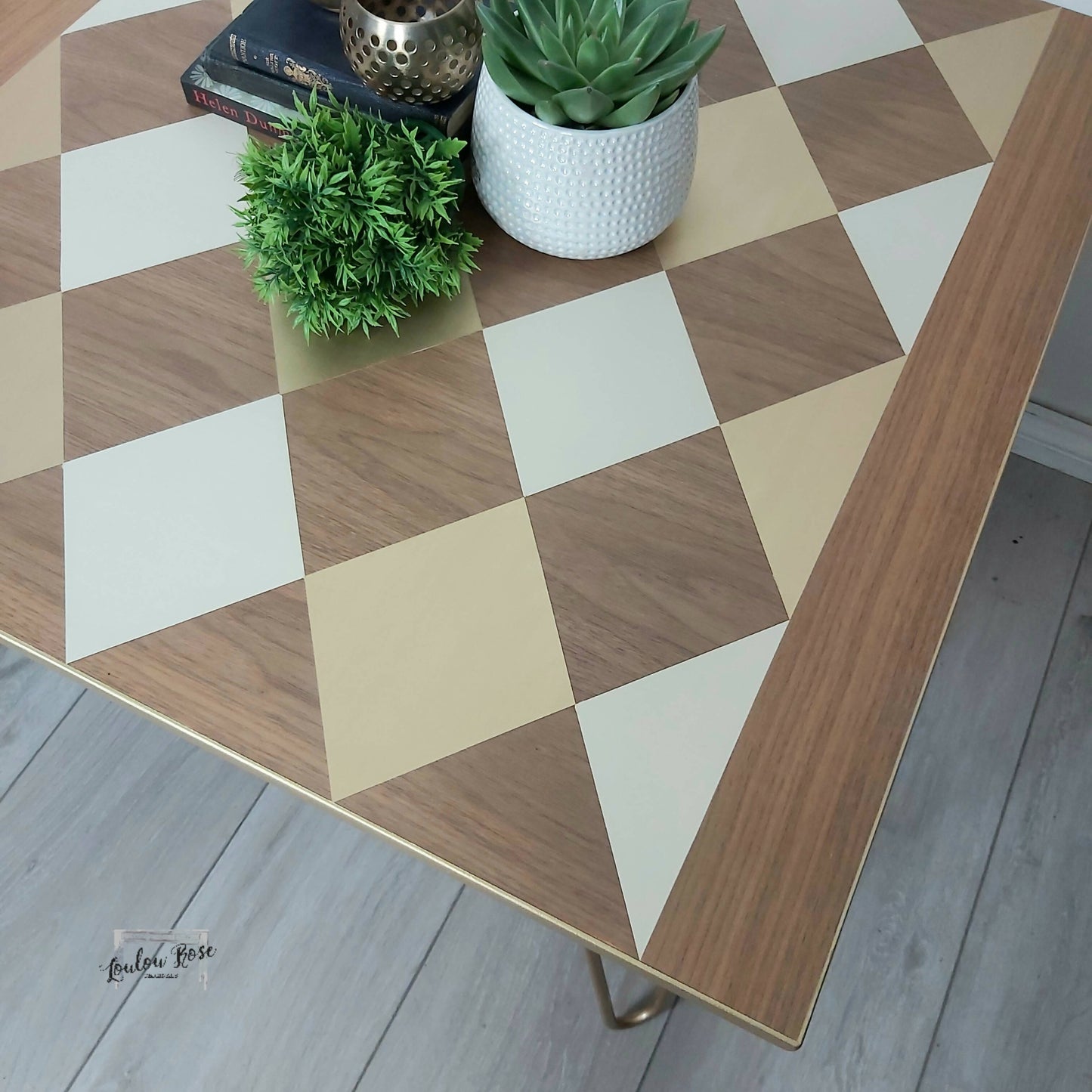 Coffee Table, Side Table in Cream and Gold with Hairpin Legs