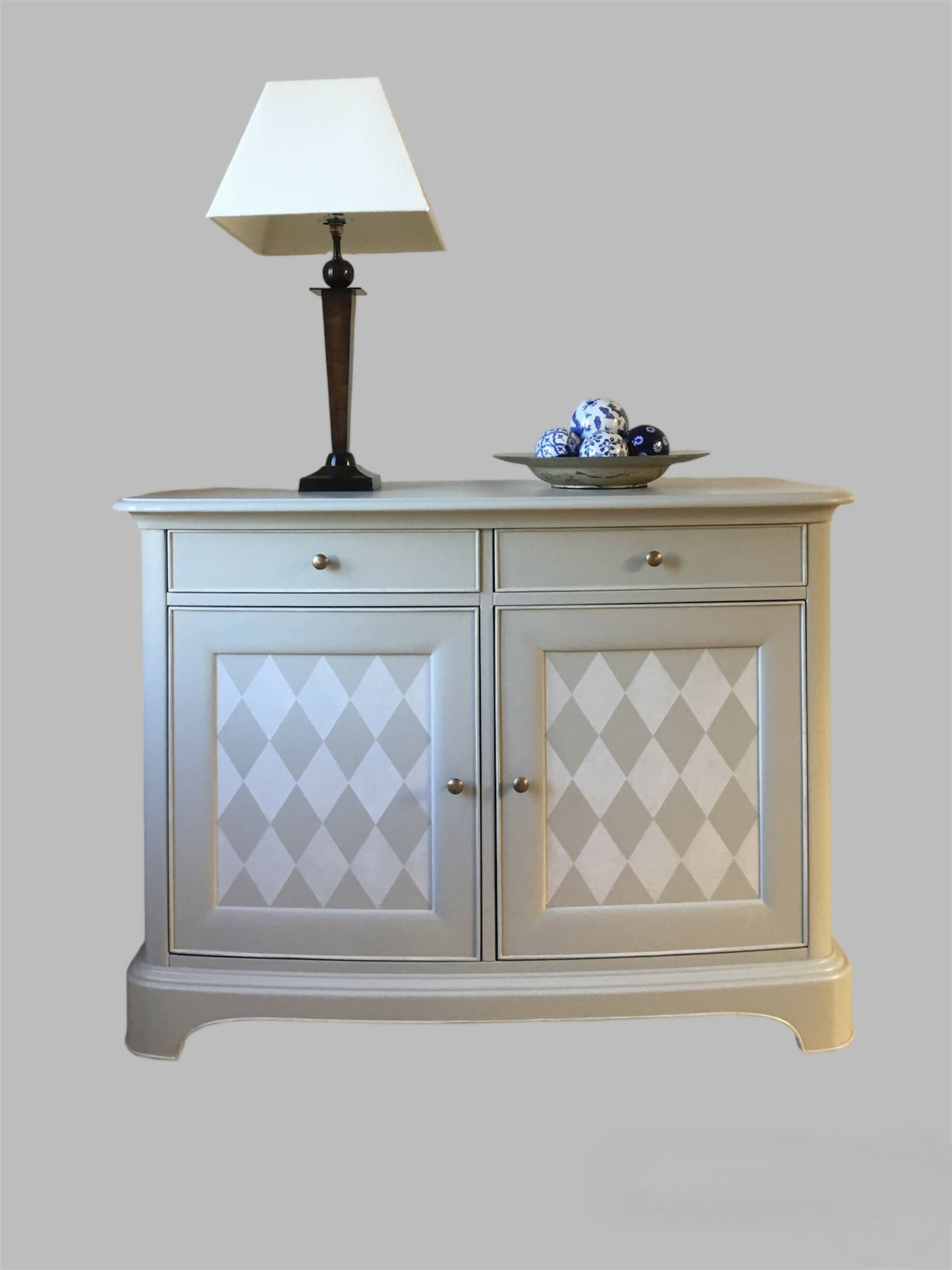 Sideboard. Gustavian Style. White and Grey, handpainted harlequin design (Farrow & Ball paint). Willis & Gambier. Solid wood.