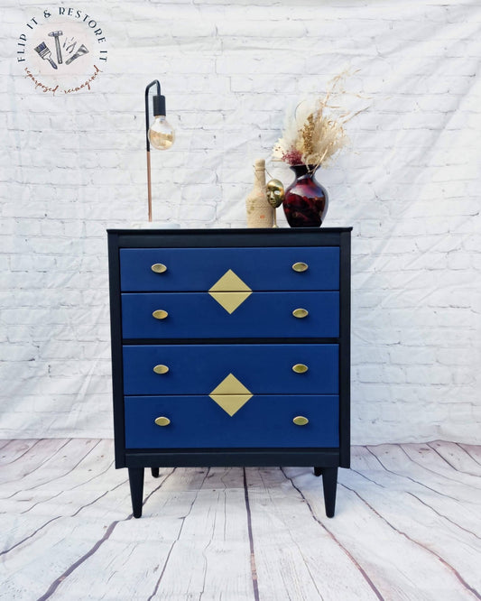 Chest of Drawers Harris Lebus Mid Century 4 Drawer, Dresser, Storage, Navy Blue, Gold MADE TO ORDER