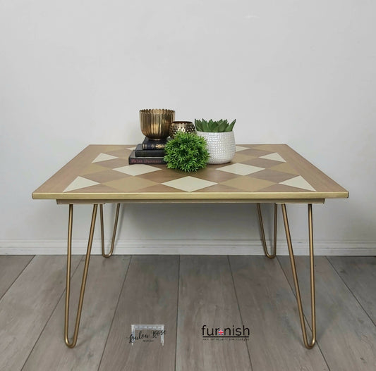 Coffee Table, Side Table in Cream and Gold with Hairpin Legs