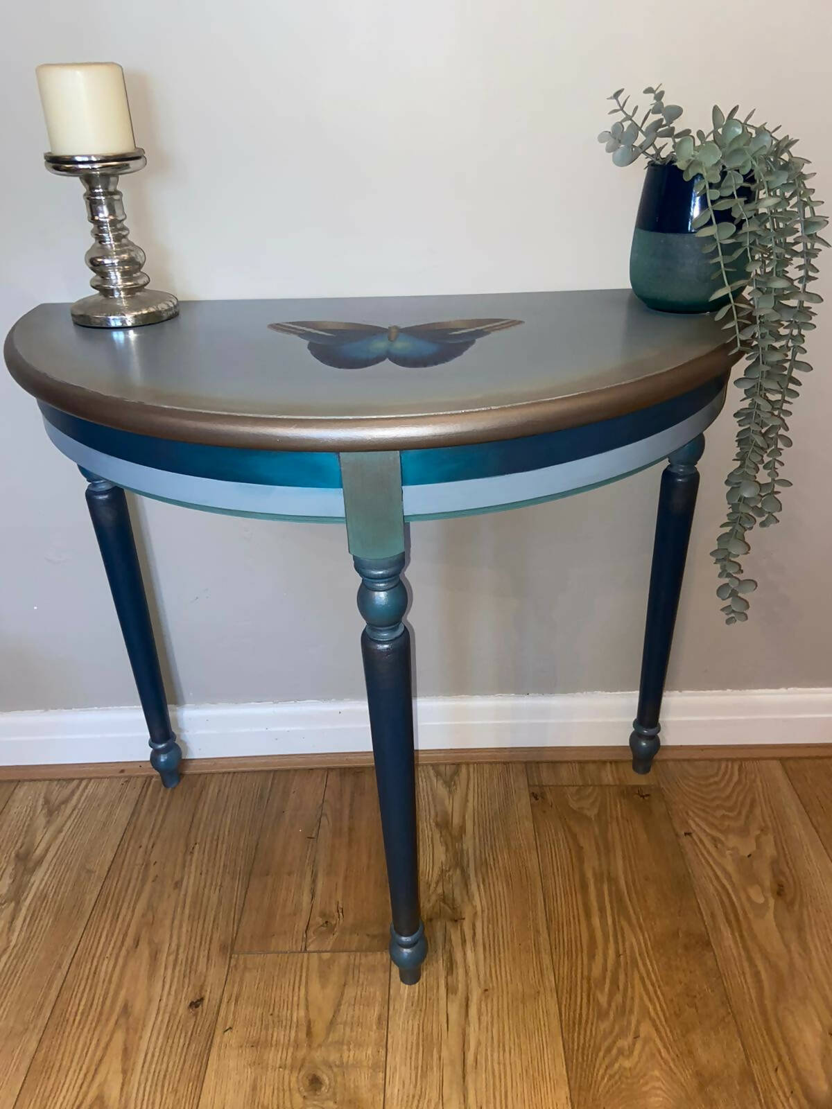 Upcycled half moon console table