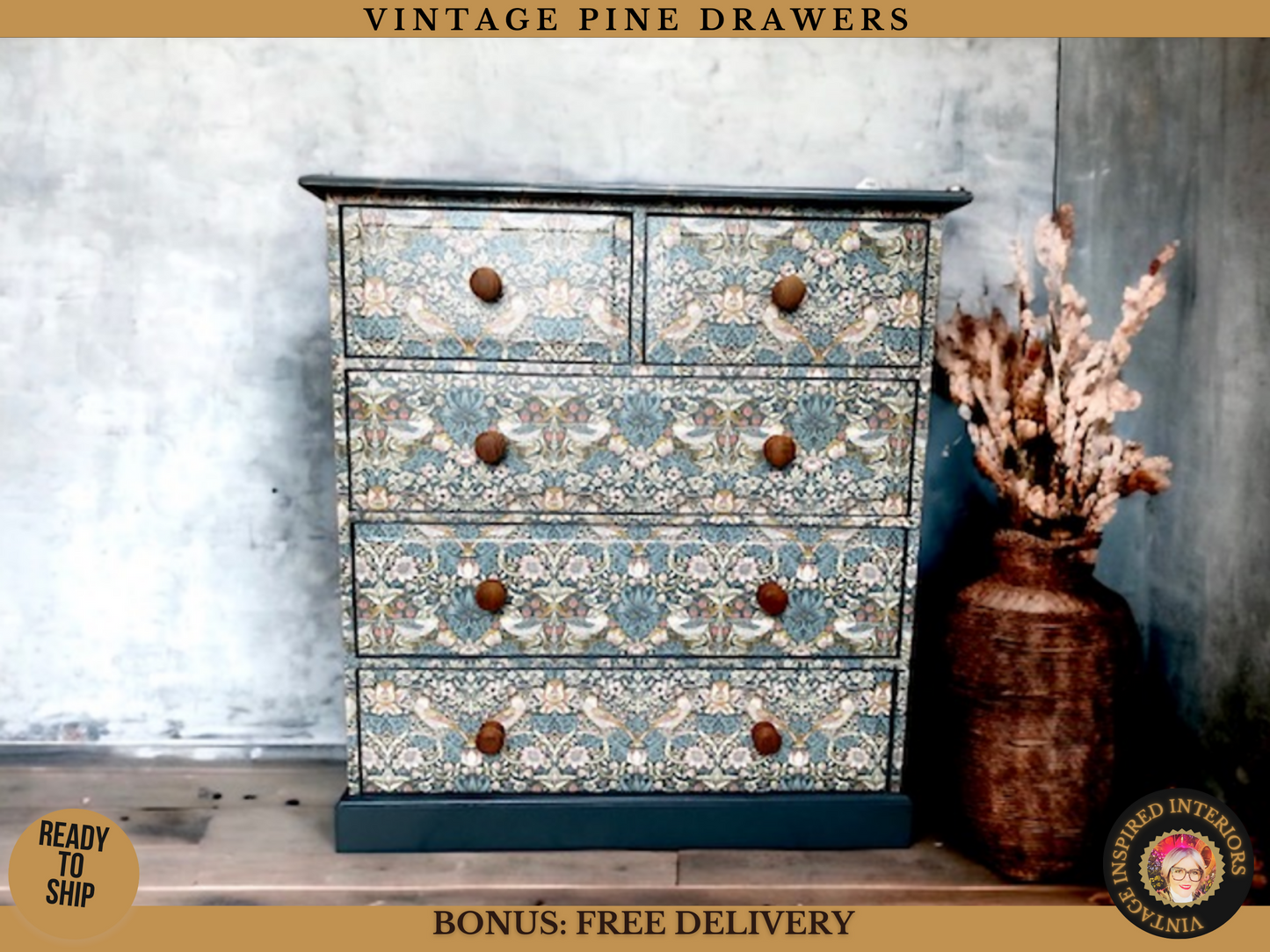 Upcycled Vintage chest of drawers, William Morris Print , Living Room, Dining Room, Hall , Kitchen Storage.