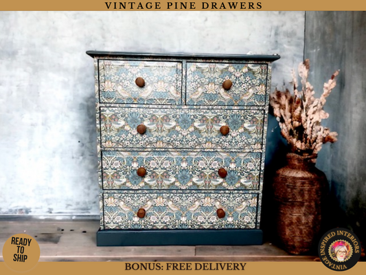 Large Vintage chest of drawers, William Morris Print , Living Room, Dining Room, Hall , Kitchen Storage.